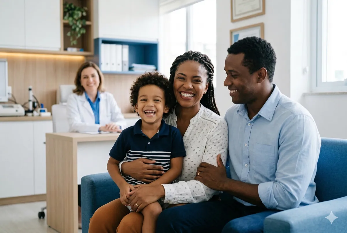 Família sorridente em consultório médico em Salvador — plano de saúde acessível para toda a família