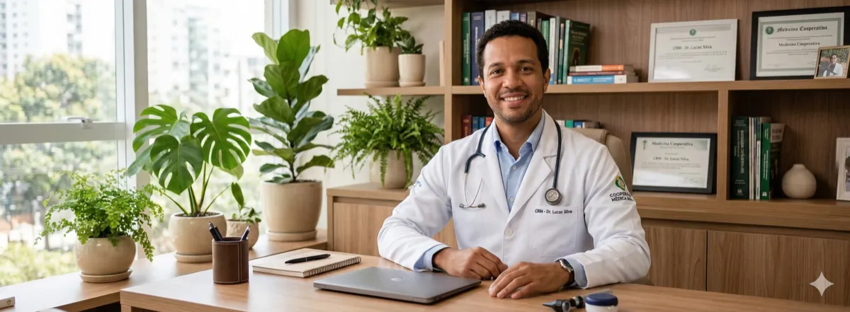 Médico cooperado Unimed Salvador em consultório — atendimento humanizado e rede qualificada